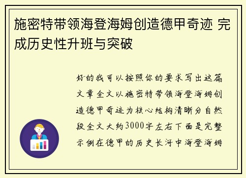 施密特带领海登海姆创造德甲奇迹 完成历史性升班与突破