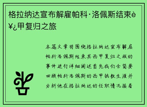 格拉纳达宣布解雇帕科·洛佩斯结束西甲复归之旅